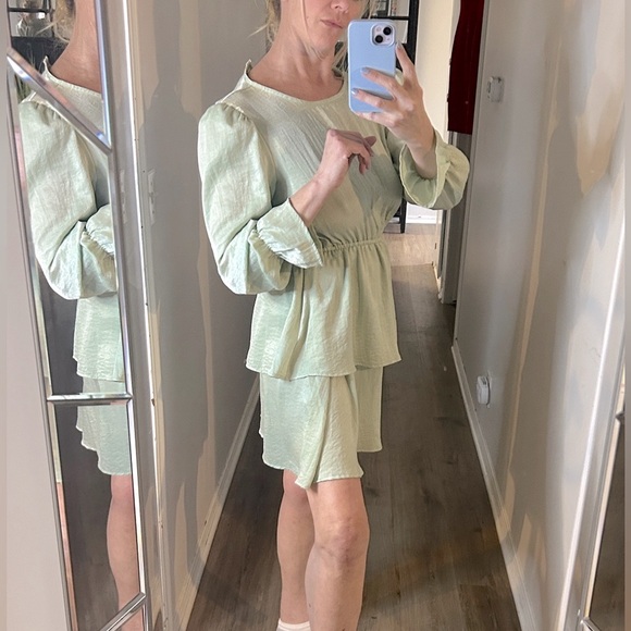Anthropologie Flounce London Tall satin tiered mini dress in sage green - Picture 10 of 11